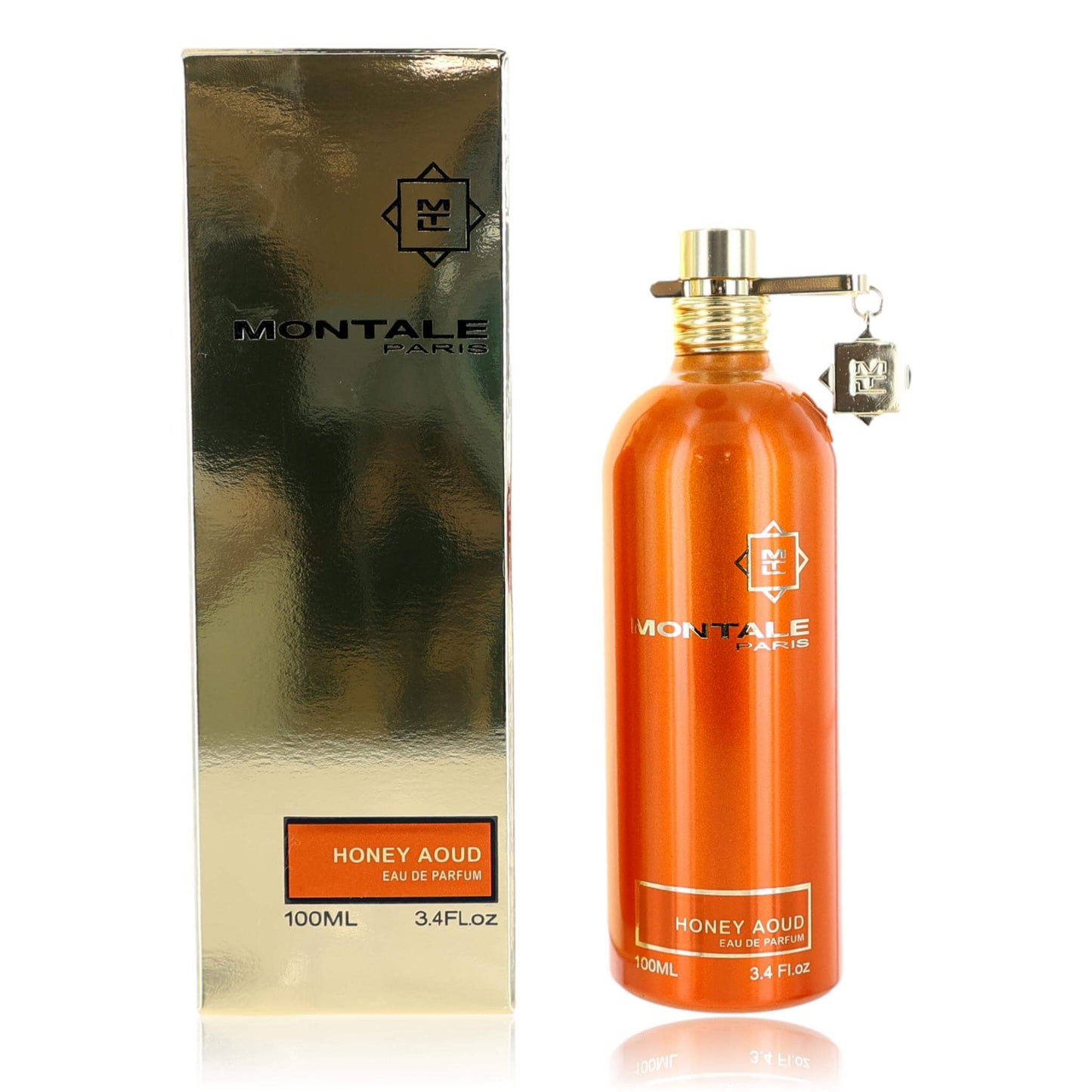 Honey Aoud Eau de Parfum spray, amber glass bottle with gold cap and Montale box