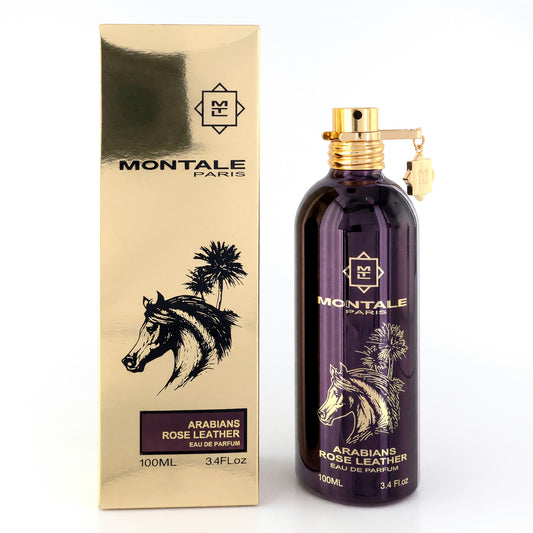 Montale Arabians Rose leather EDP spray bottle with gold cap and matching box