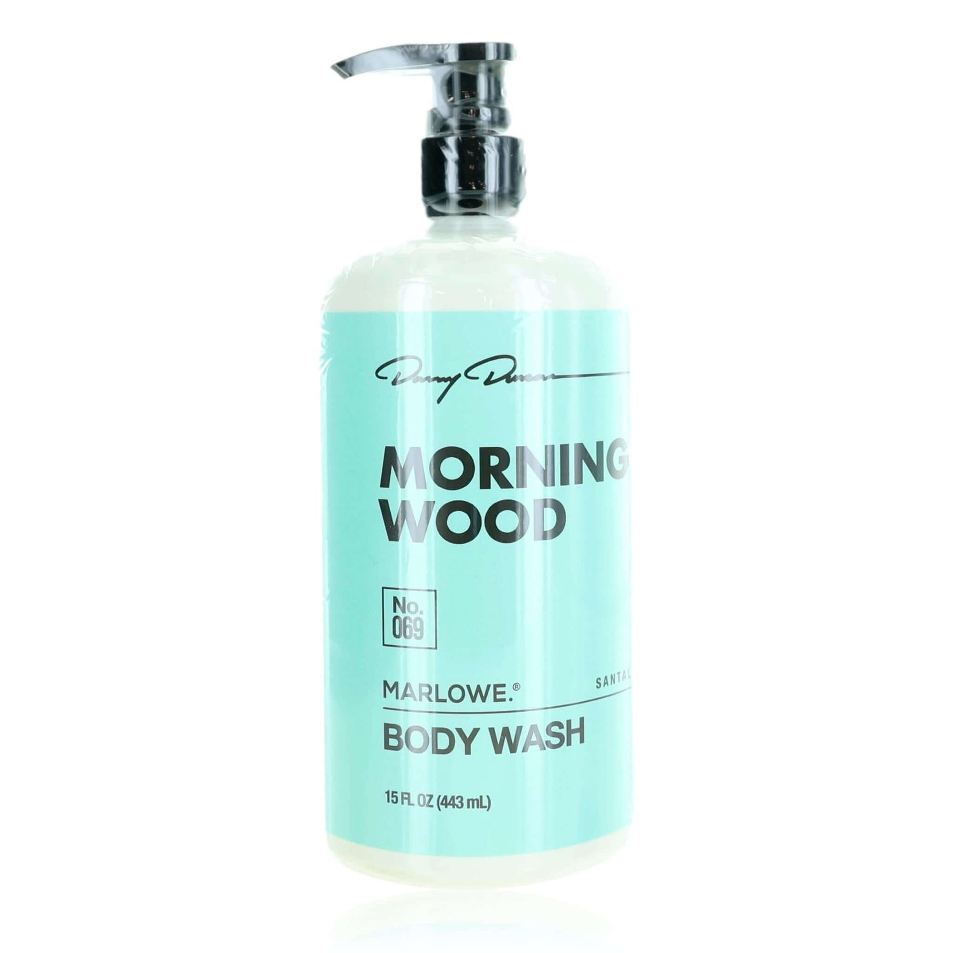 Marlowe body wash bottle, turquoise with pump; Morning Wood No. 069 label