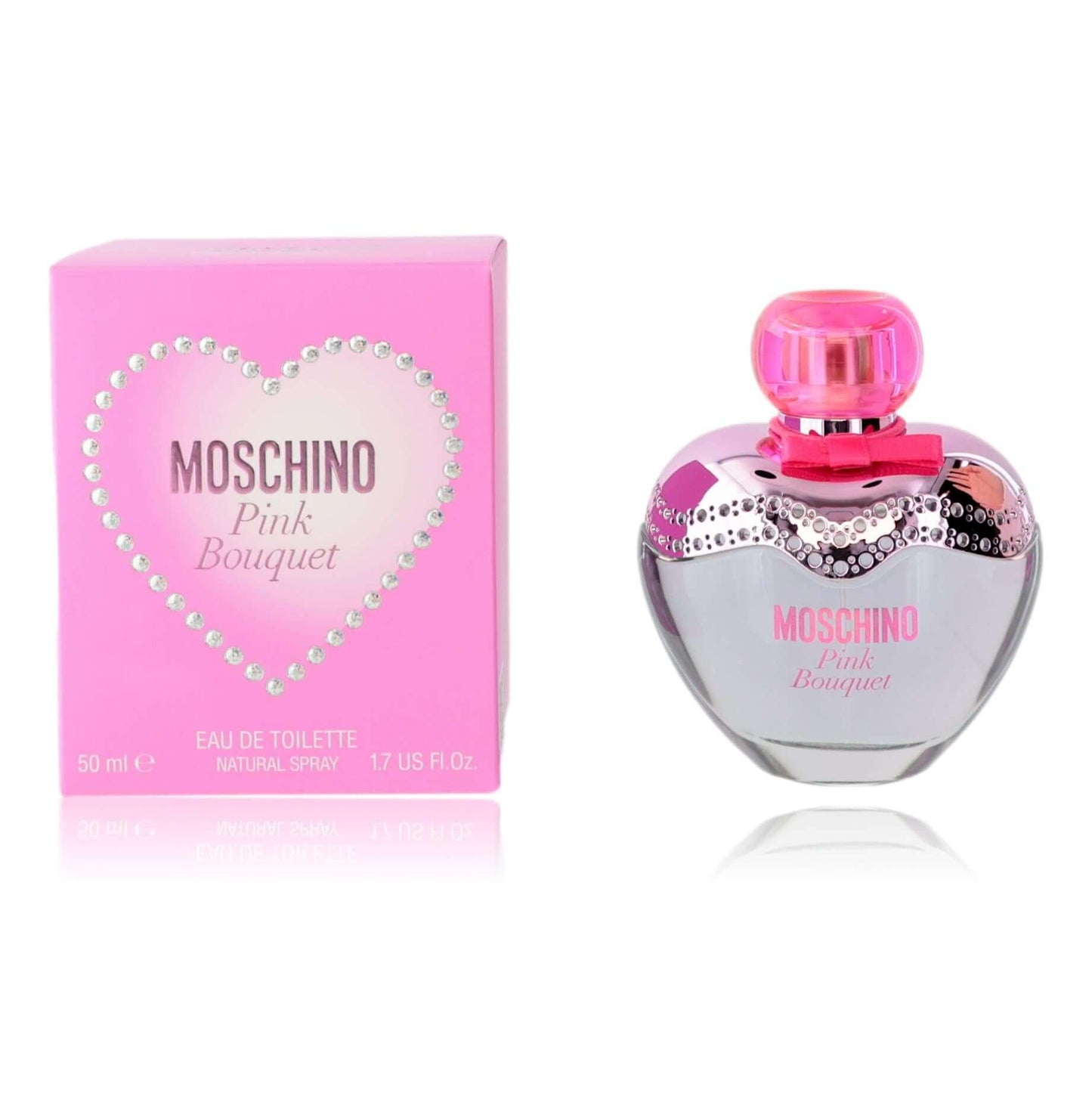 Moschino Pink Bouquet women's EDT spray bottle with pink cap and pink heart box