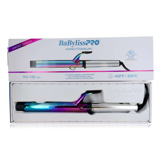 Iridescent nano titanium extended-barrel curling iron with clamp