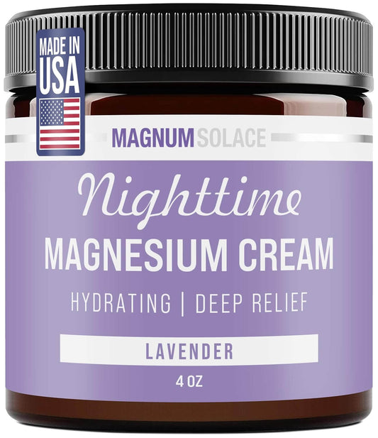 Nighttime Magnesium Cream by Magnum Solace, 5 oz Lotion - Lavender in a jar, hydrating and calming for relaxation.