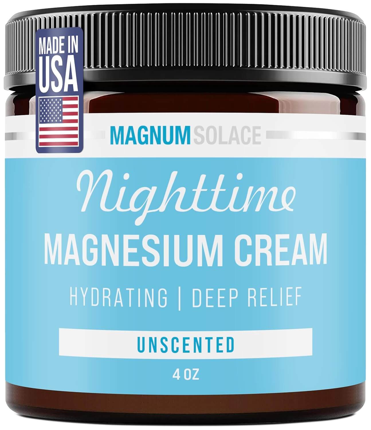 Nighttime magnesium cream lotion jar, unscented; Magnum Solace label on front