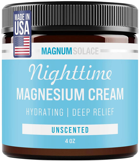 Nighttime Magnesium Cream by Magnum Solace, 5 oz Lotion - Unscented in a jar, hydrating for deep relief.