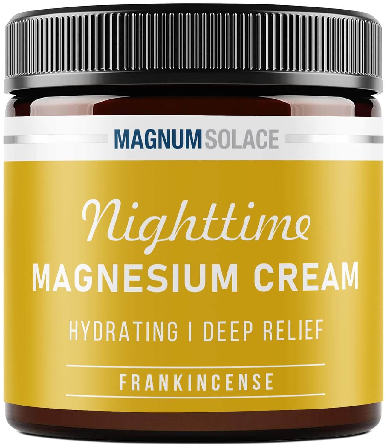 Magnum Solace nighttime magnesium cream jar, frankincense scent, cream-colored label