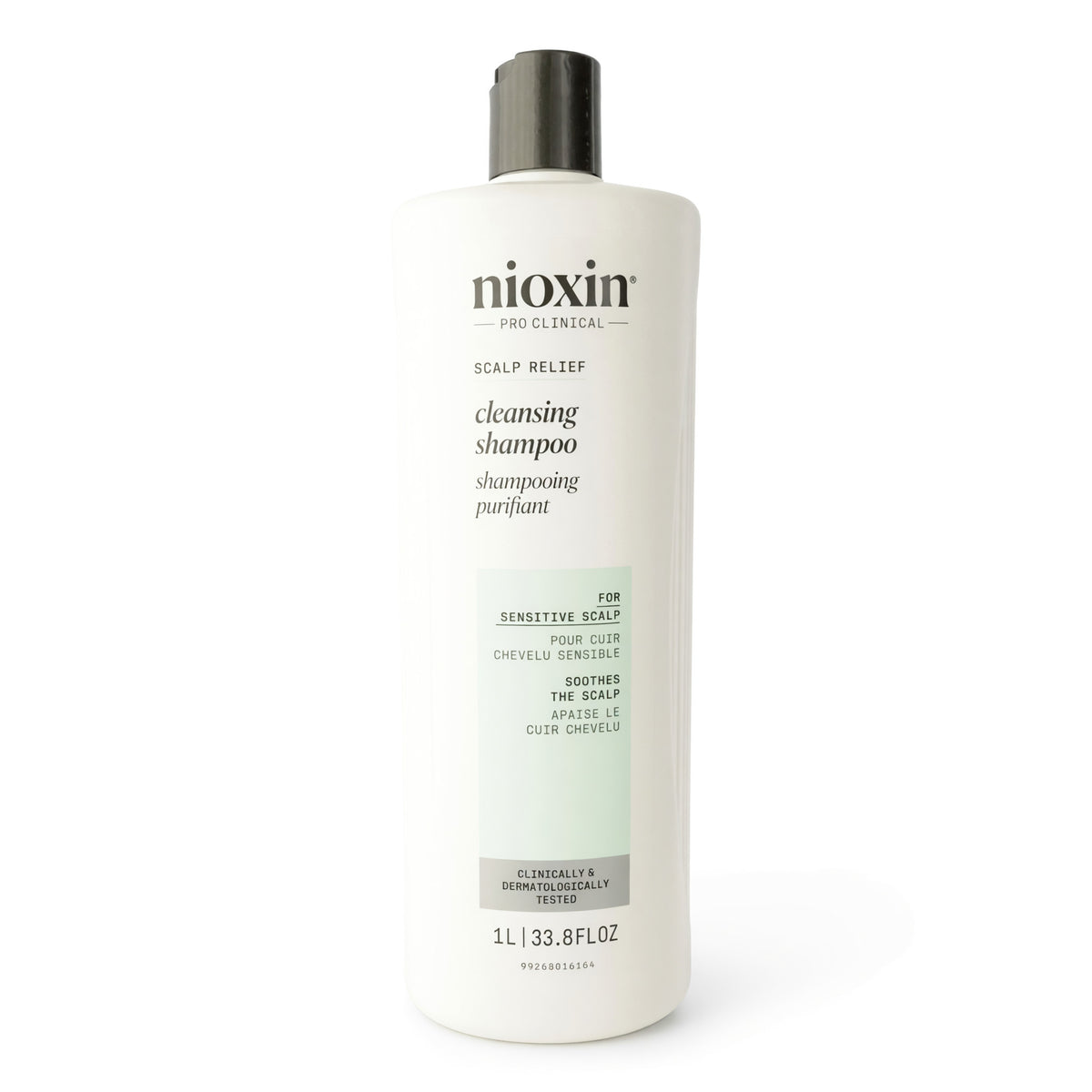 Nioxin Scalp Relief cleansing shampoo bottle, white with black cap, 1L.