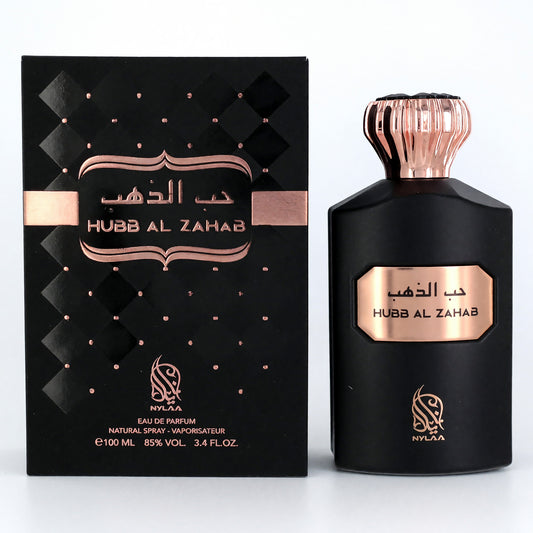 Black perfume bottle with rose-gold cap and gold label