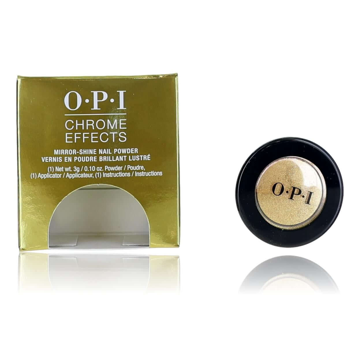OPI Chrome Effects mirror-shine nail powder, gold chrome powder in compact case