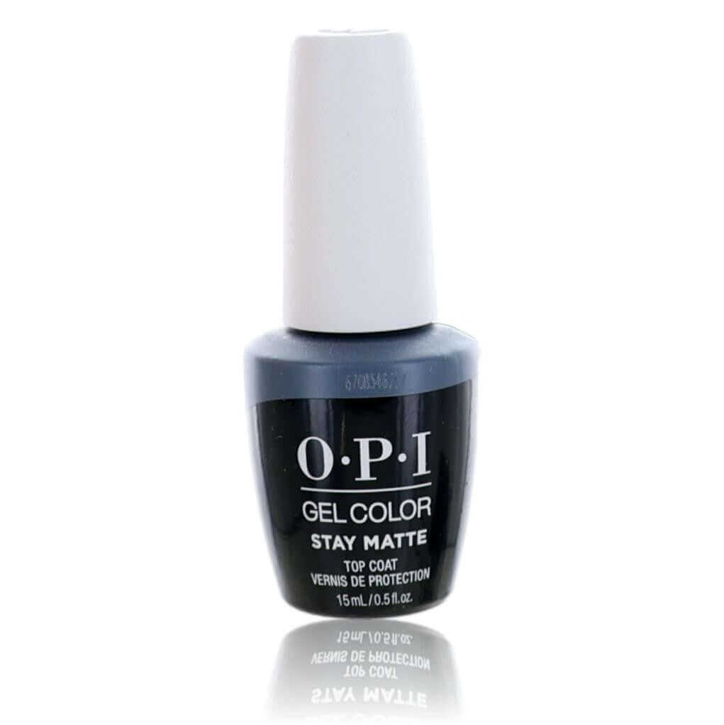 OPI Gel Color Stay Matte top coat bottle, dark bottle with white cap