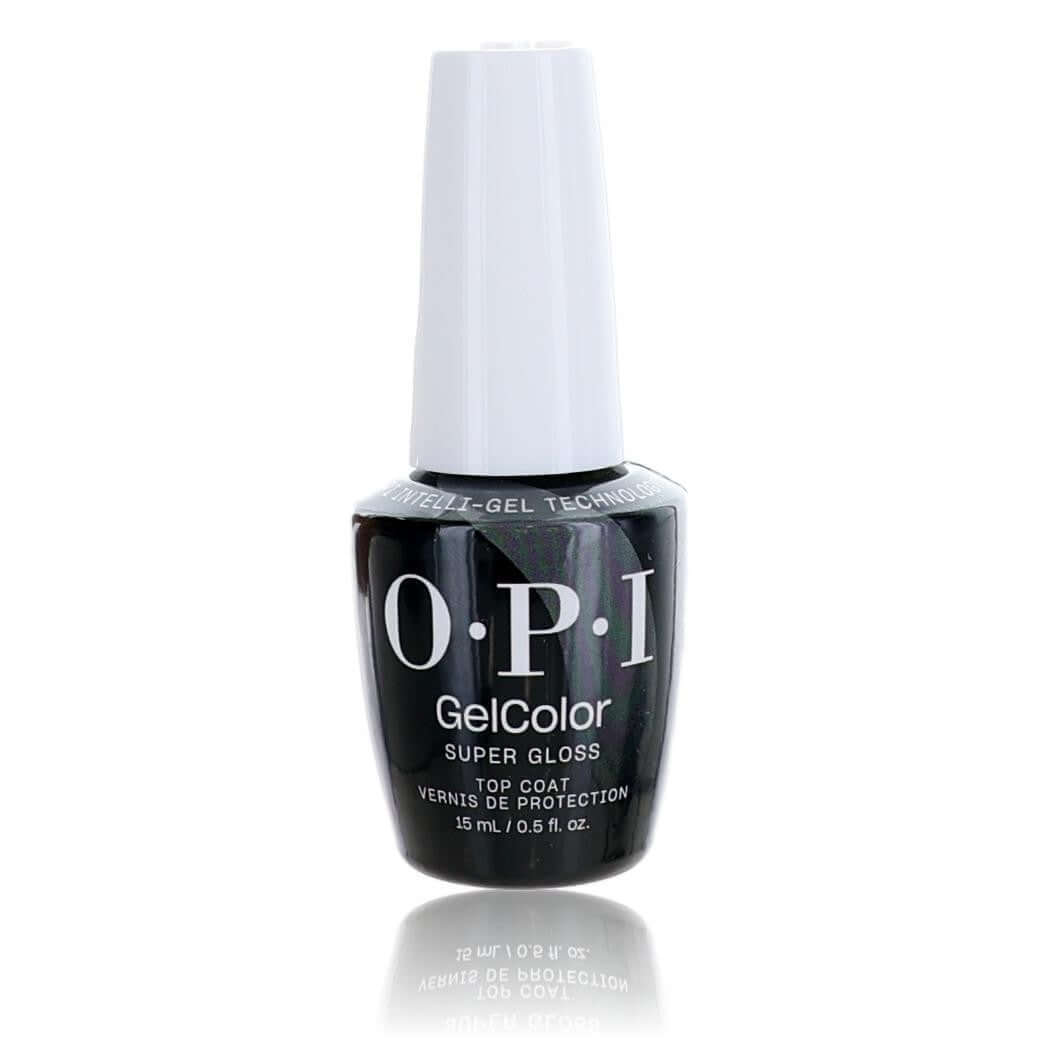 OPI GelColor Super Gloss gel top coat bottle, black with white logo, clear cap