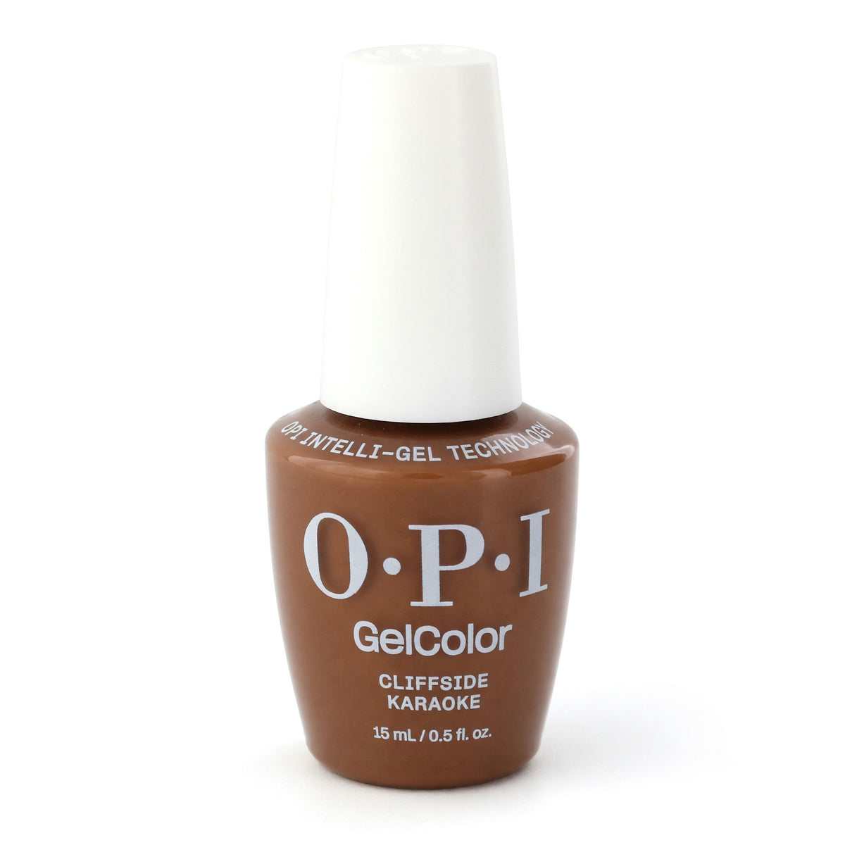 OPI GelColor gel nail polish, medium brown nude shade—Cliffside Karaoke bottle