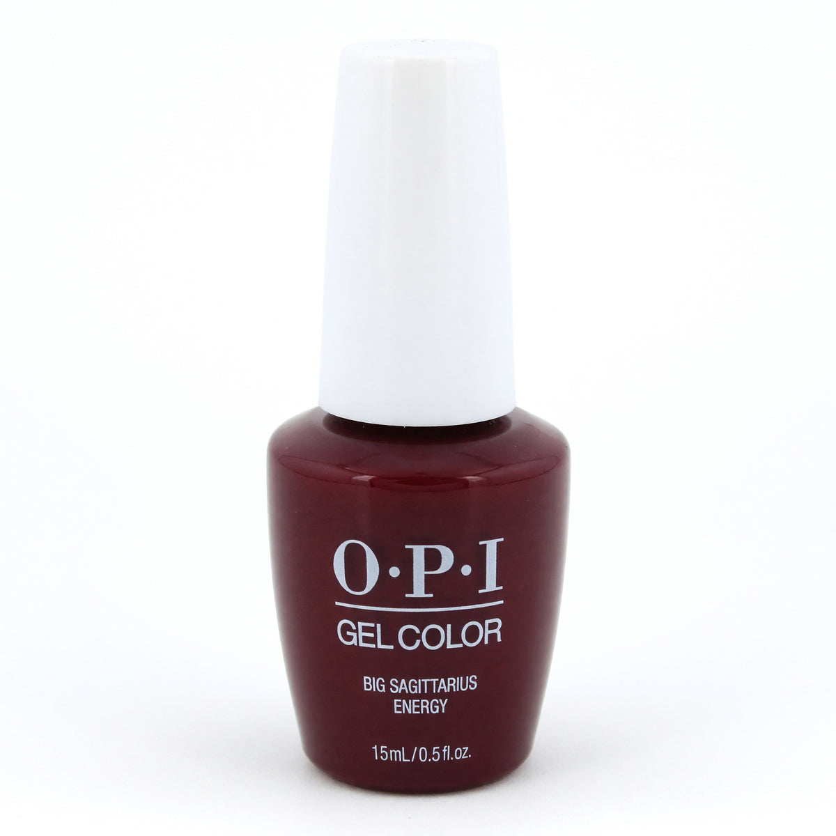 OPI GelColor gel nail polish bottle, dark red maroon shade, 15 mL