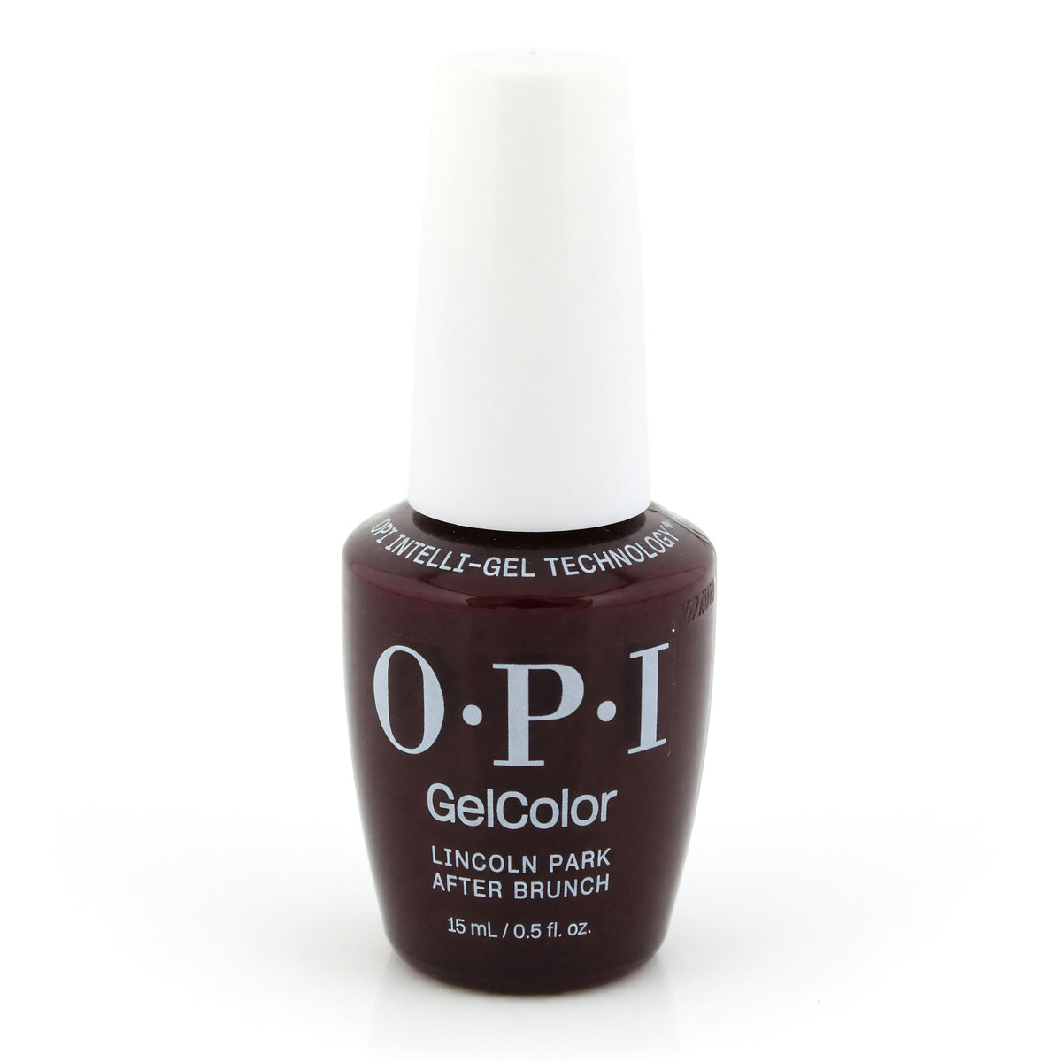 OPI GelColor gel nail polish bottle, deep red shade, 0.5 fl oz