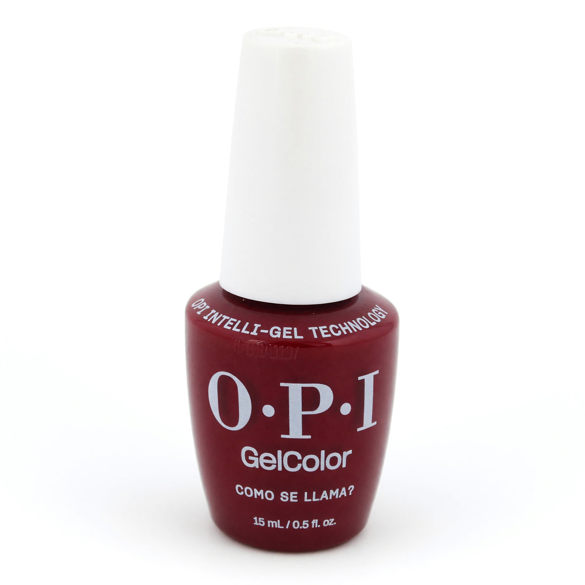 OPI GelColor gel nail polish bottle, red burgundy shade Como Se Llama? 0.5 fl oz