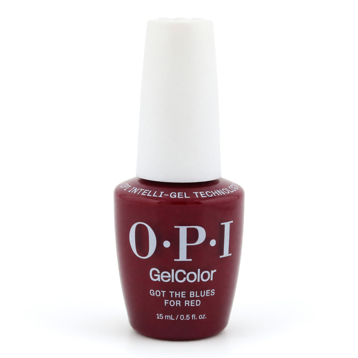 OPI GelColor gel nail polish bottle, dark red nail color, 0.5 fl oz