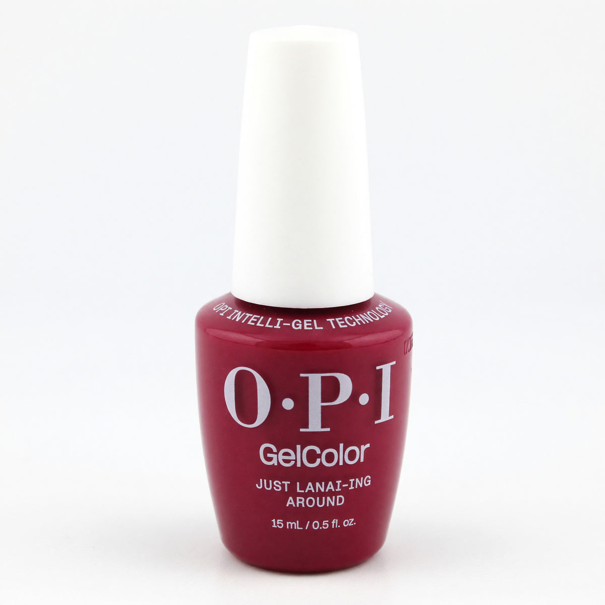 OPI GelColor gel nail polish bottle, dark red-pink shade, Intelli-Gel technology