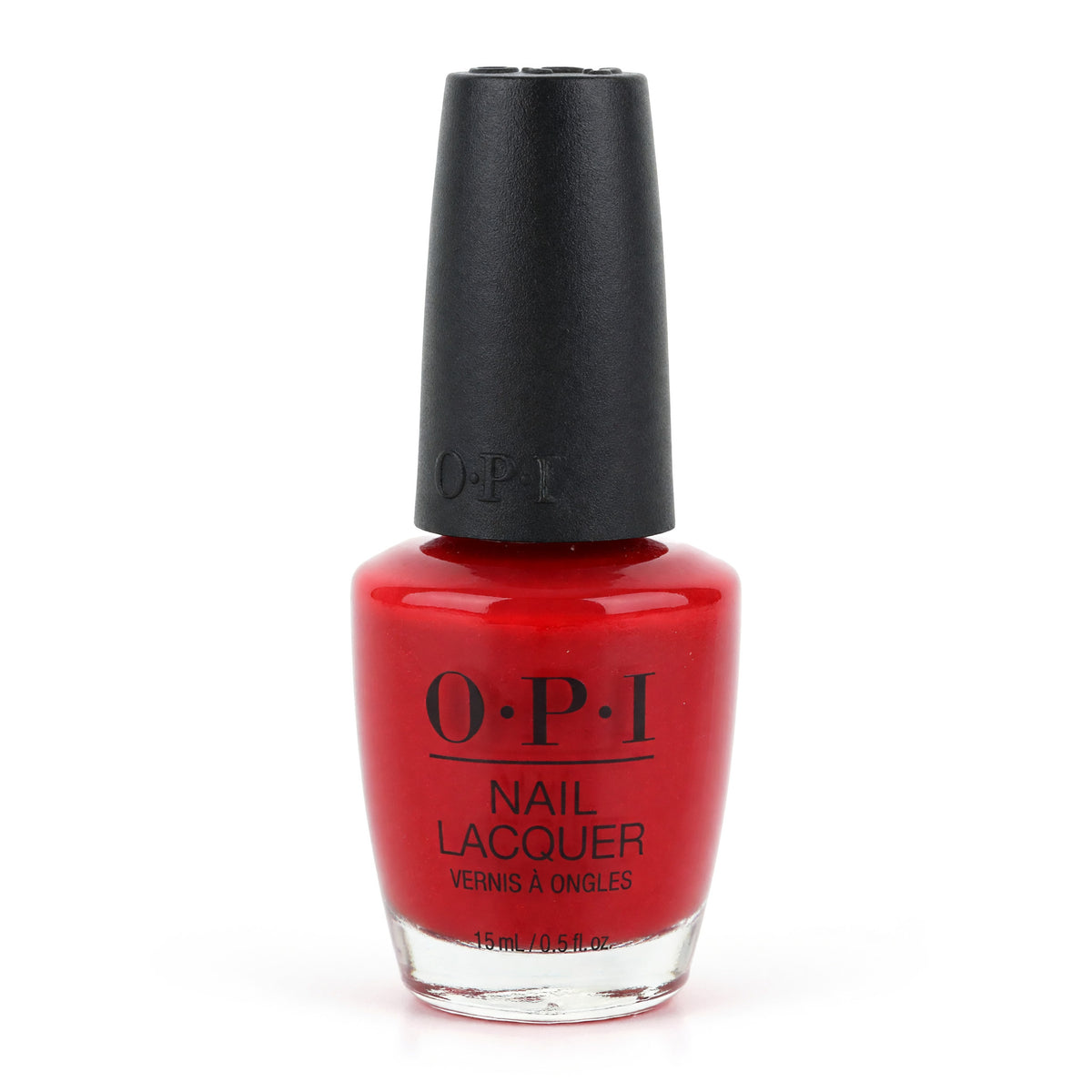 OPI nail lacquer bottle, glossy red polish in 0.5 oz size