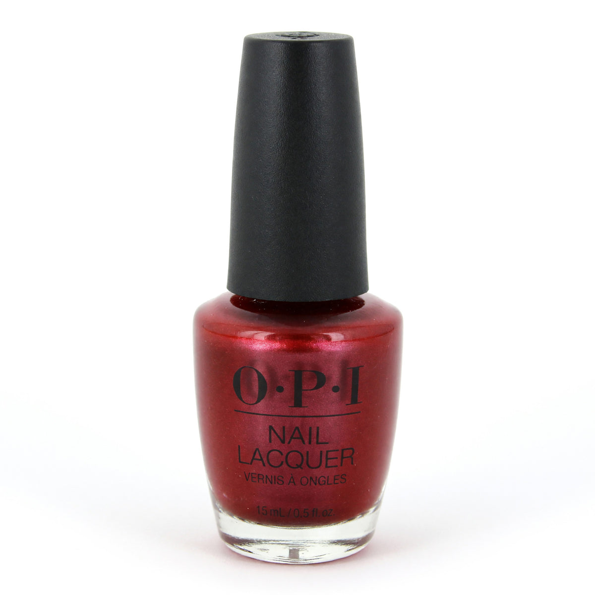 OPI nail lacquer bottle, dark berry red glass with black cap
