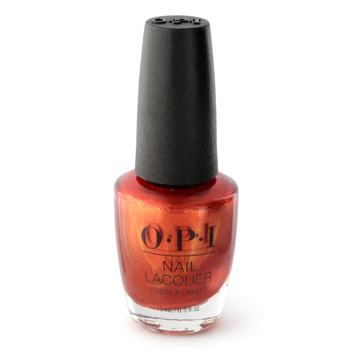 OPI nail lacquer bottle in warm red-orange shade, glass container with black cap