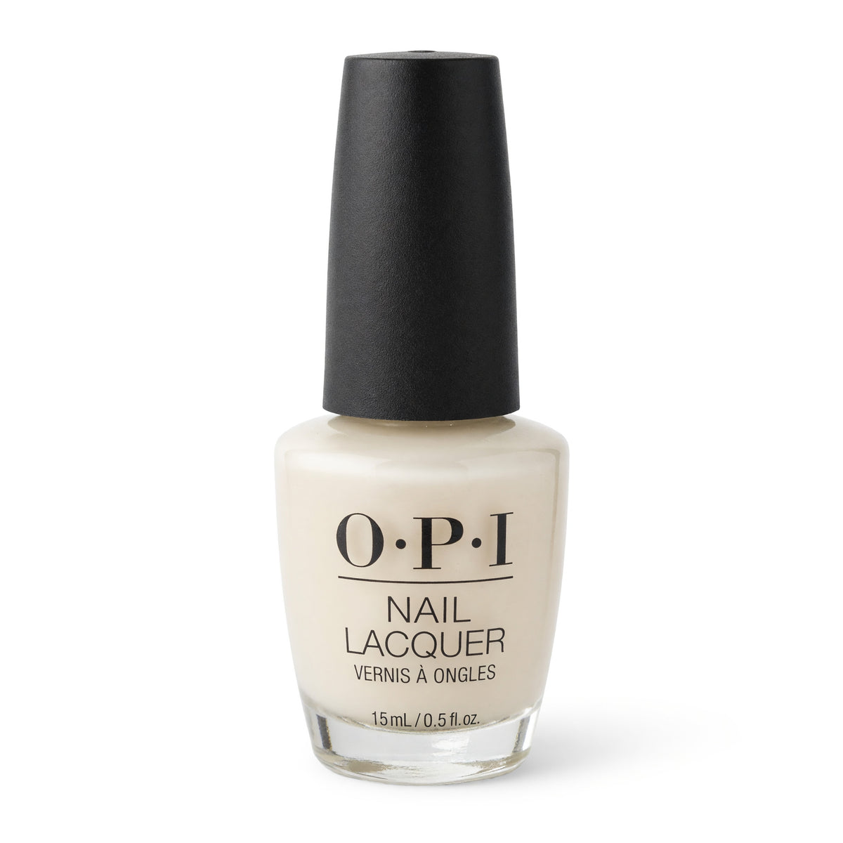 OPI nail lacquer bottle with glossy light cream polish, labeled O.P.I Nail Lacquer