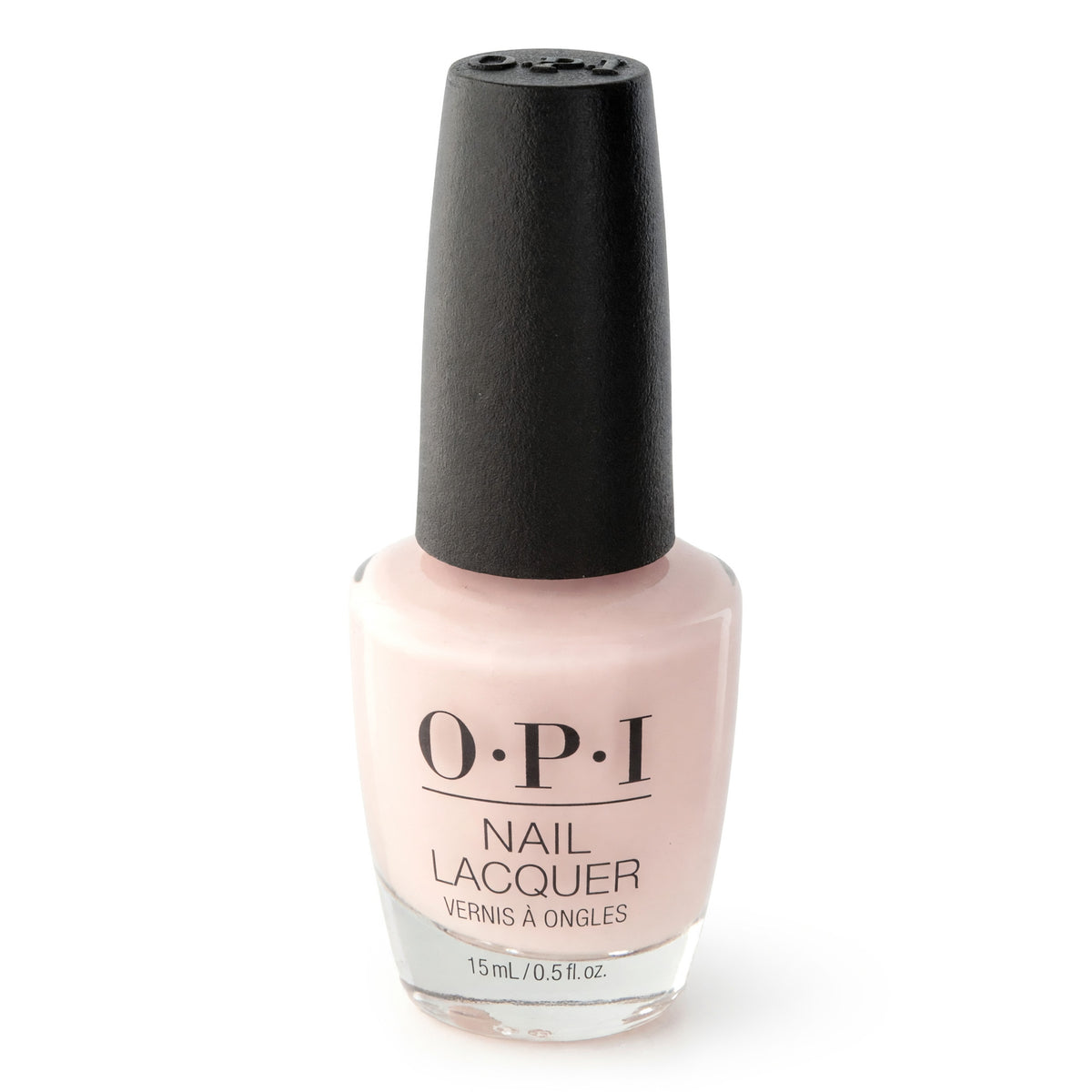 OPI nail lacquer bottle with nude pink polish, black cap, 0.5 fl oz (15 mL).