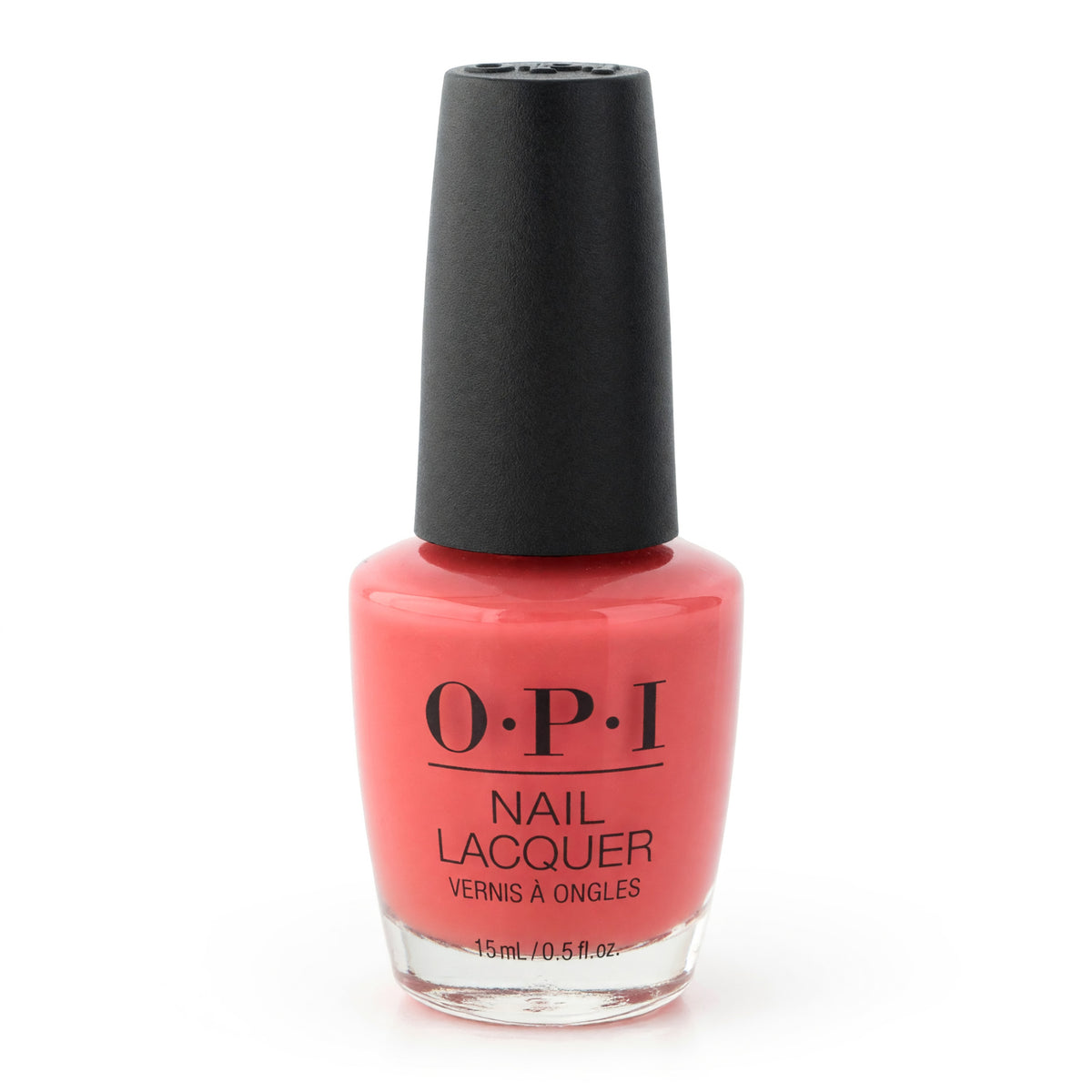 OPI Nail Lacquer bottle in coral pink-red nail polish, black cap, glass finish