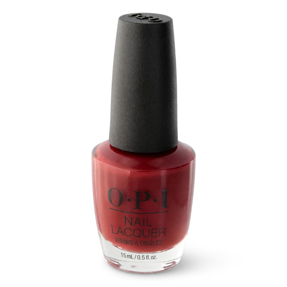 OPI nail lacquer bottle with red nail polish and black cap
