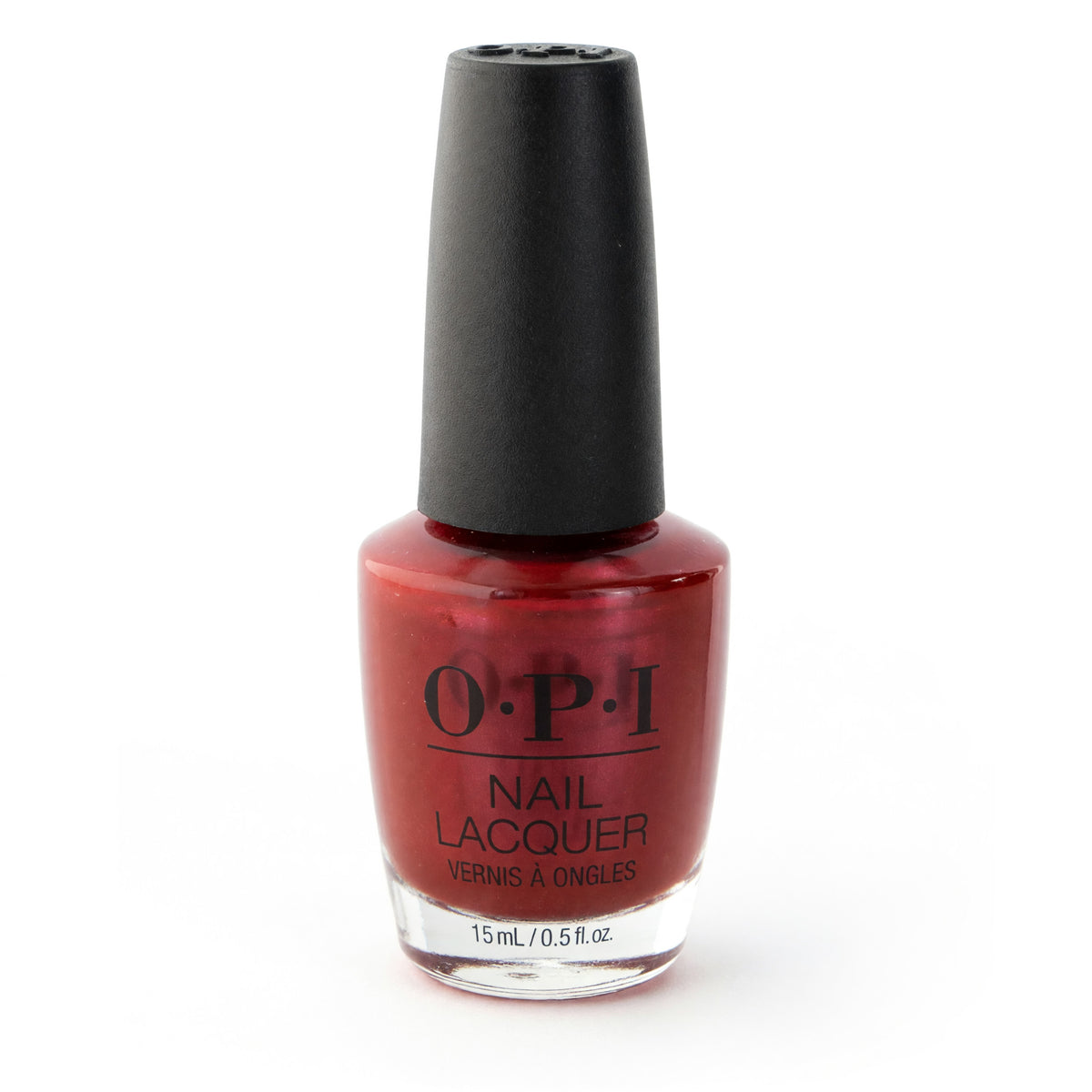 OPI nail lacquer bottle in red-pink shade, 0.5 fl oz