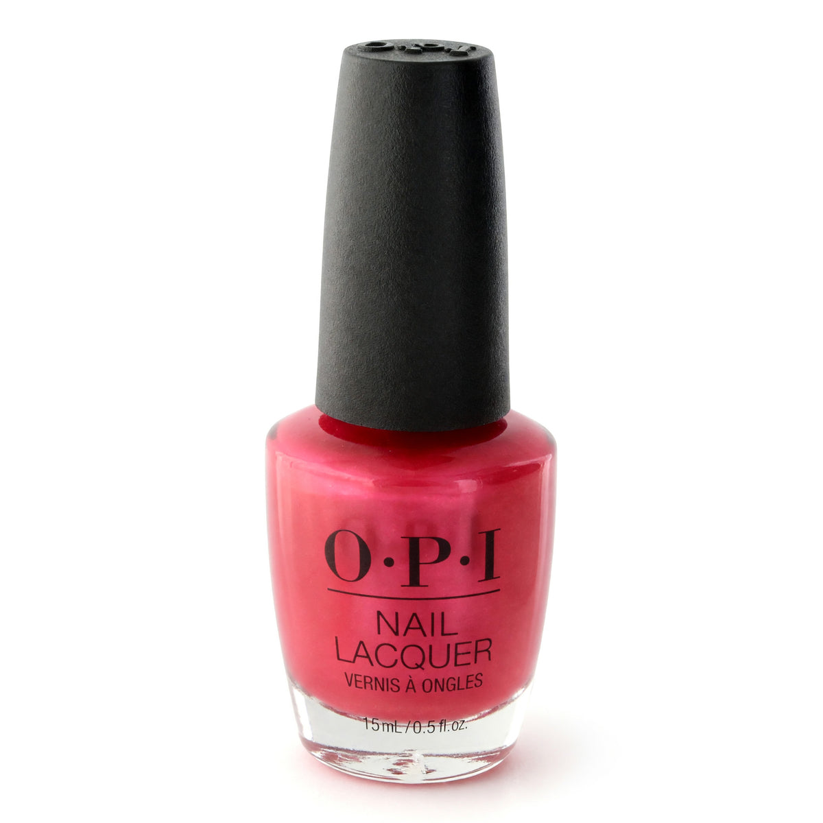 OPI nail lacquer bottle with pink-red nail color, glass 0.5 fl oz