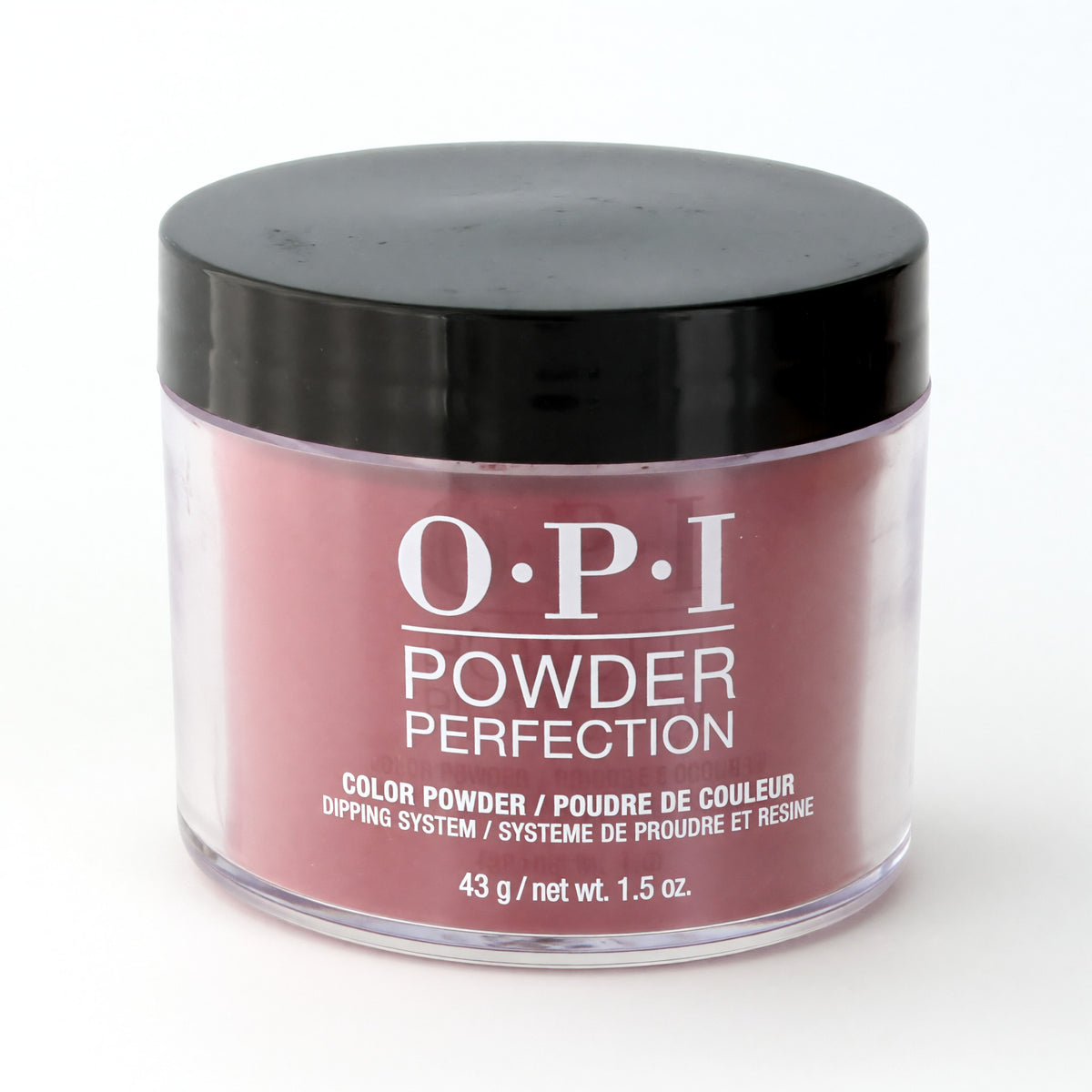 OPI Powder Perfection dip powder jar, pink-red shade in clear round container