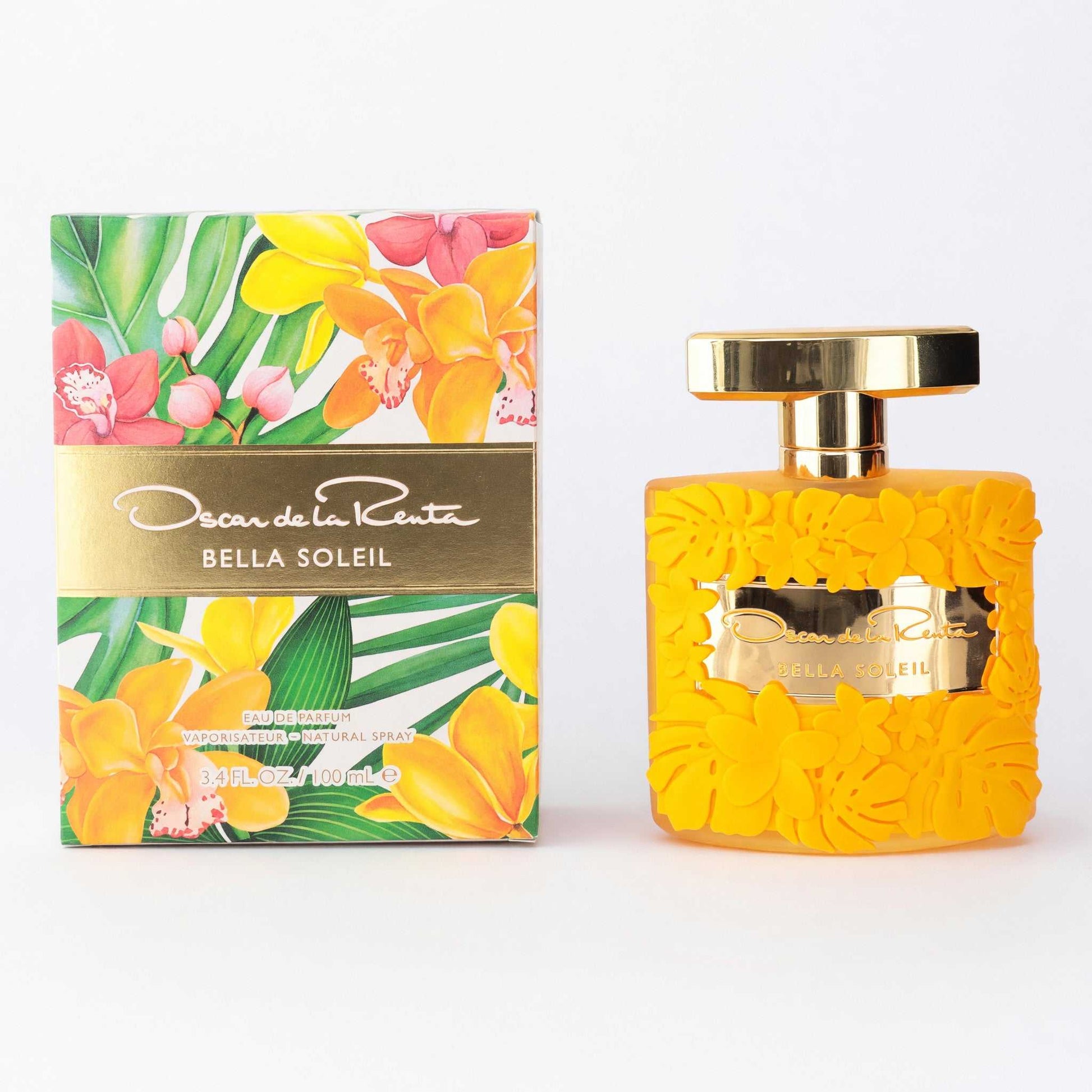 Women's Bella Soleil EDP spray bottle with yellow floral design and gold cap, with box