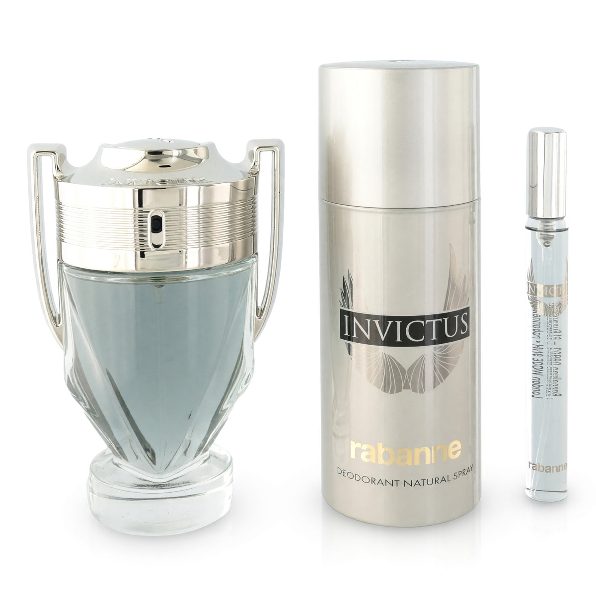 Invictus men's fragrance gift set with trophy-shaped perfume, deodorant spray, and travel spray