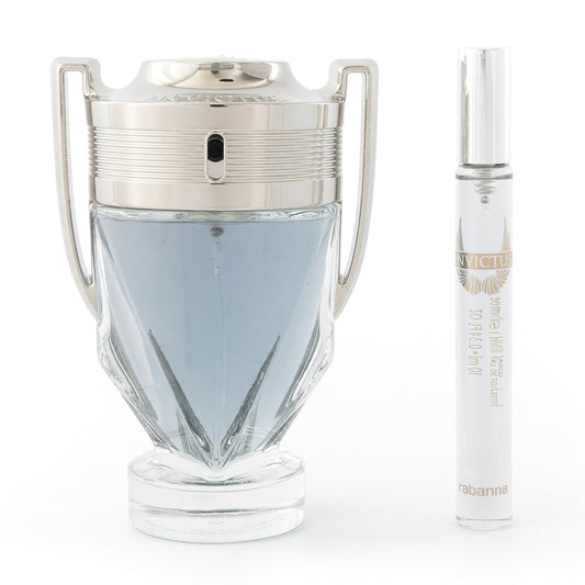 Invictus by Paco Rabanne 2-piece gift set: trophy-style glass bottle, blue liquid, travel spray