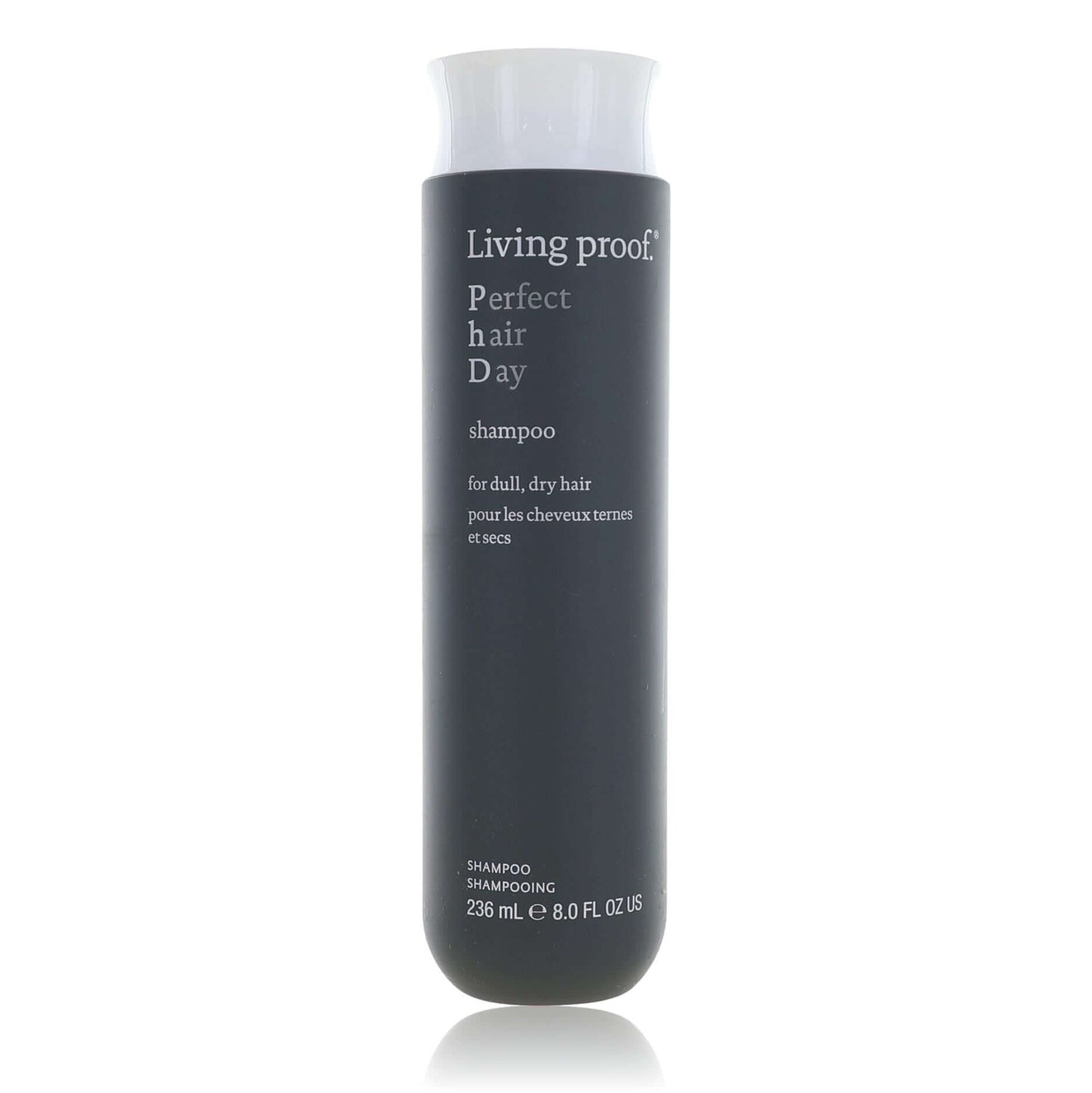 Living Proof Perfect Hair Day shampoo bottle, dark bottle with white cap and label