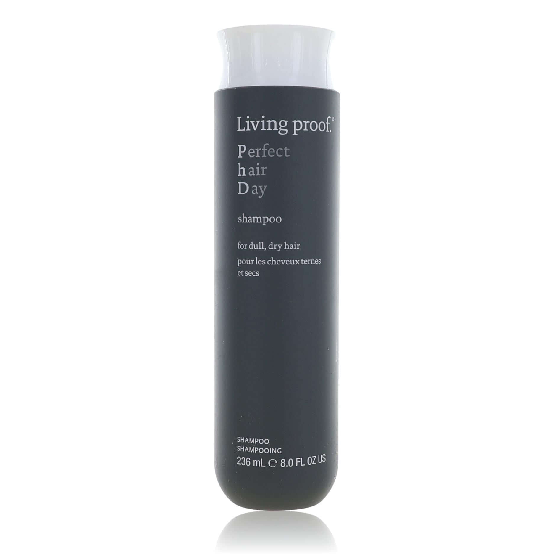 Living Proof Perfect Hair Day shampoo bottle, dark bottle with white cap and label