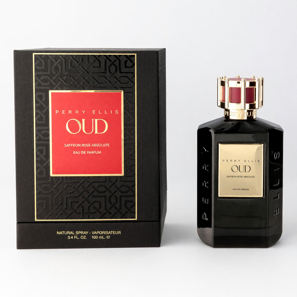 Perry Ellis Oud Saffron Rose Absolute Eau de Parfum, black 3.4 oz bottle with gold cap and box