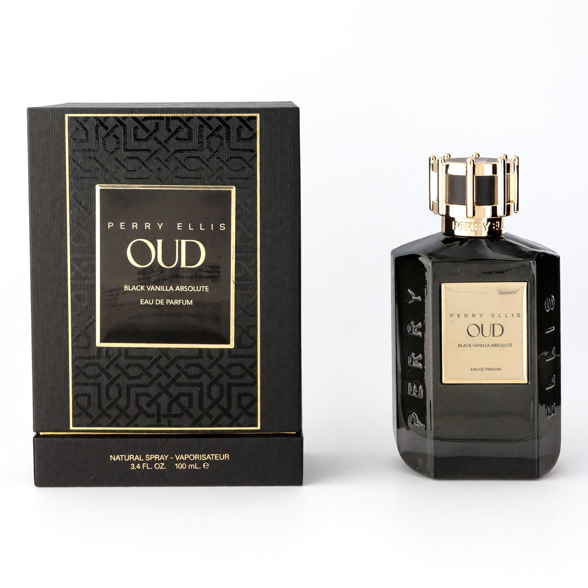 Perry Ellis Oud Black Vanilla Absolute eau de parfum, dark glass bottle with gold cap and box