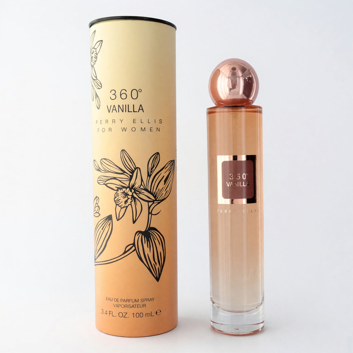 Women’s 360 Vanilla EDP spray perfume with clear bottle and rose-gold cap.