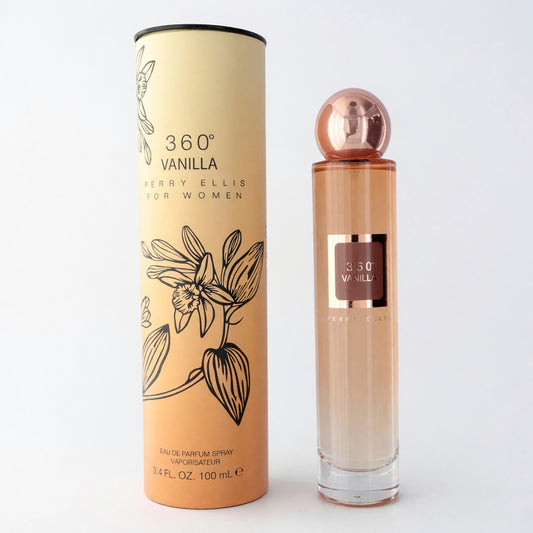 Women’s 360 Vanilla EDP spray perfume with clear bottle and rose-gold cap.