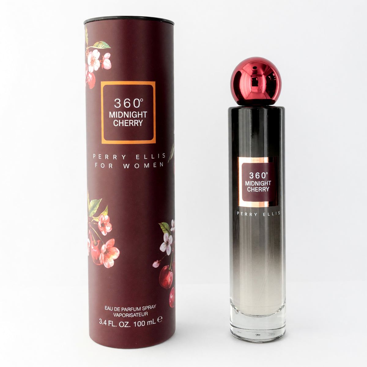 360 Midnight Cherry women's eau de parfum spray with red spherical cap and matching burgundy box