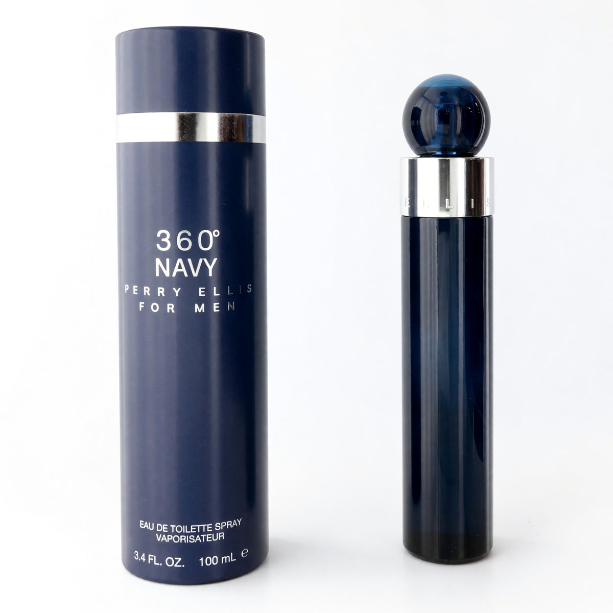 Perry Ellis 360° Navy men's eau de toilette spray with dark blue bottle and matching canister