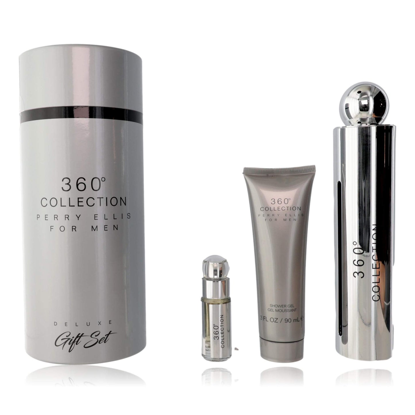 Men's 360 Collection gift set: spray, slim bottle, and lotion tube in silver.