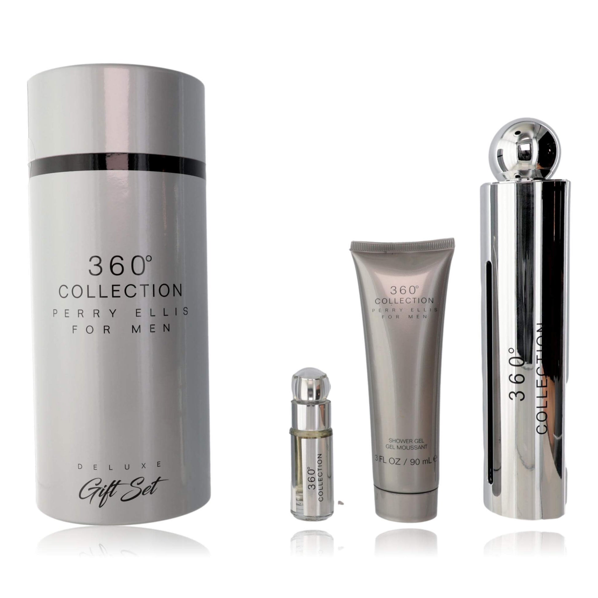 Men's 360 Collection gift set: spray, slim bottle, and lotion tube in silver.