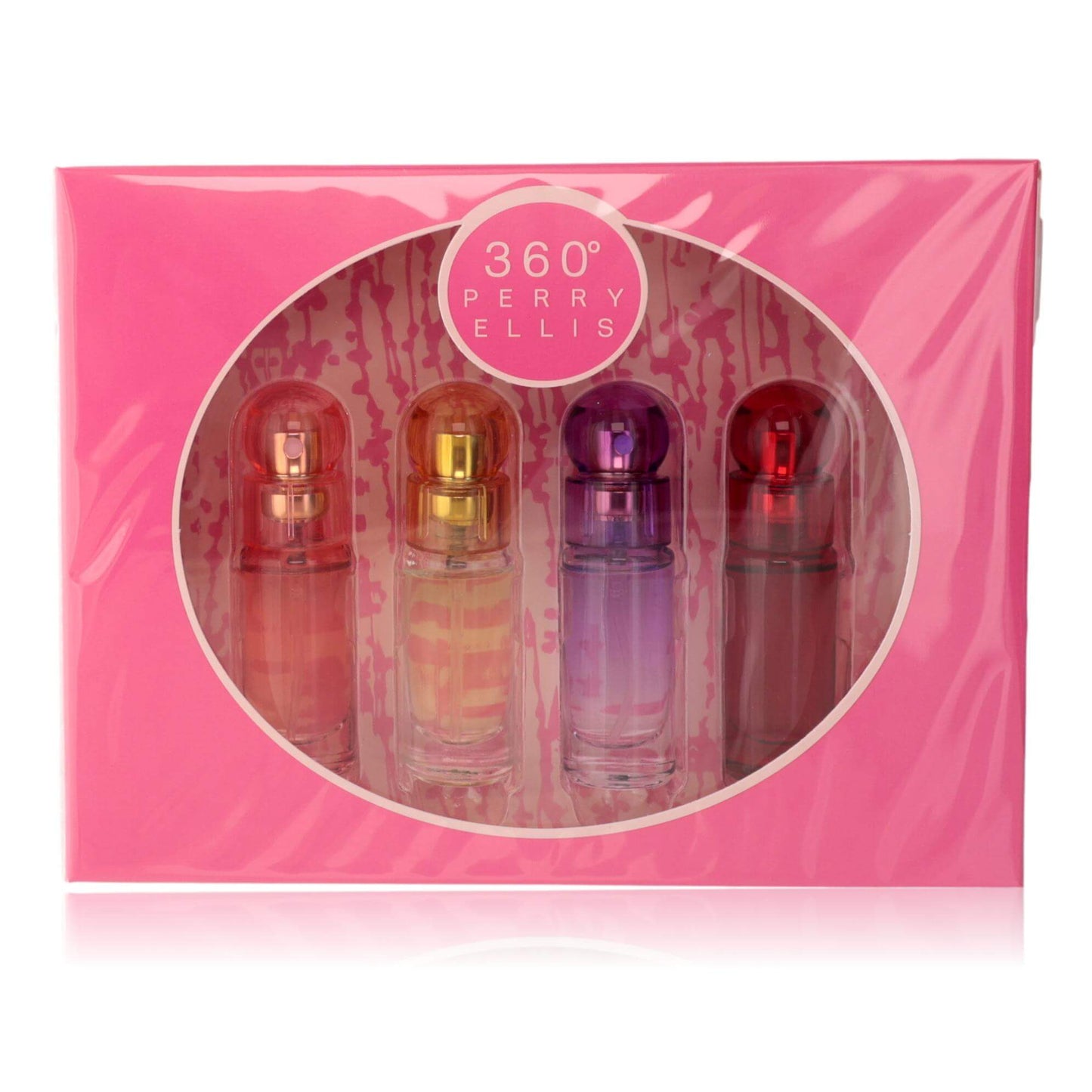 Women's 4-piece perfume gift set with four small bottles in pink, gold, purple, red.