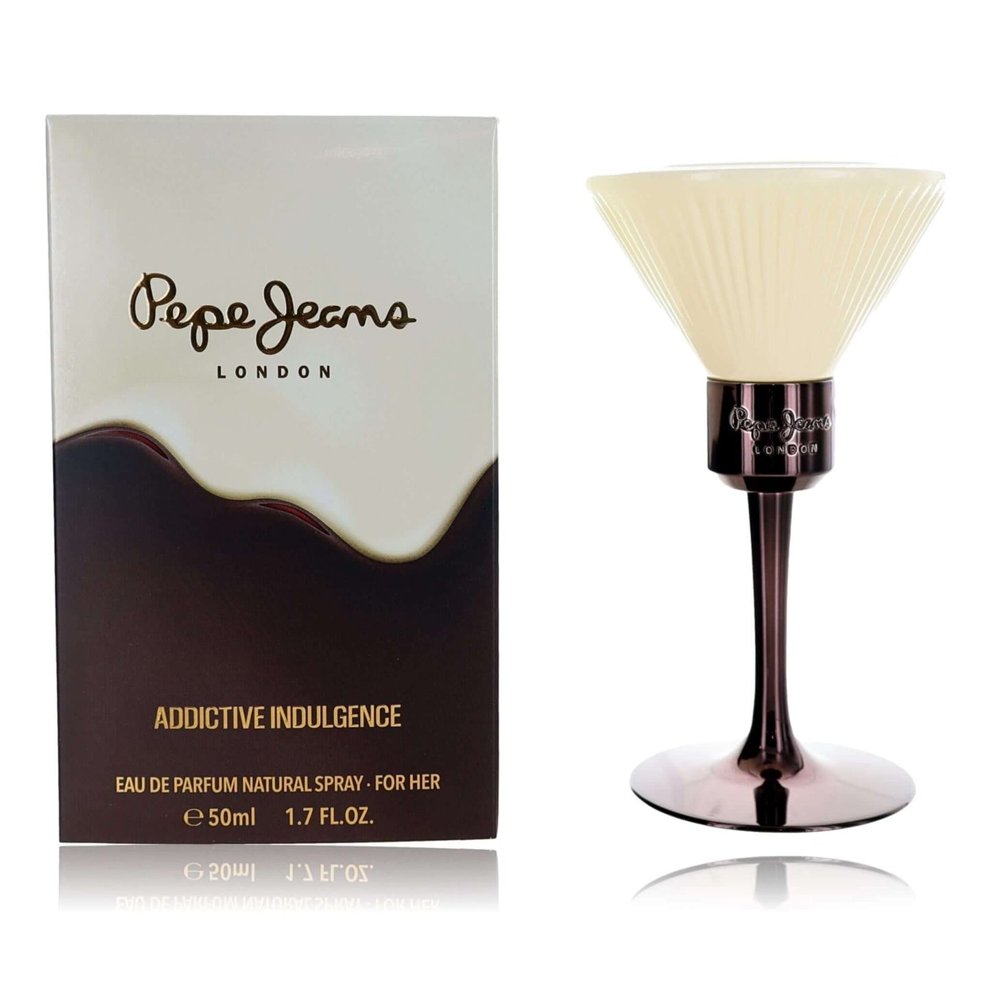 Women’s EDP spray perfume bottle with beige cap and matching retail box