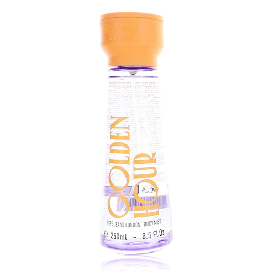 Pepe Jeans Golden Hour body mist bottle, orange cap, purple label, 8.5 fl oz (250 ml)