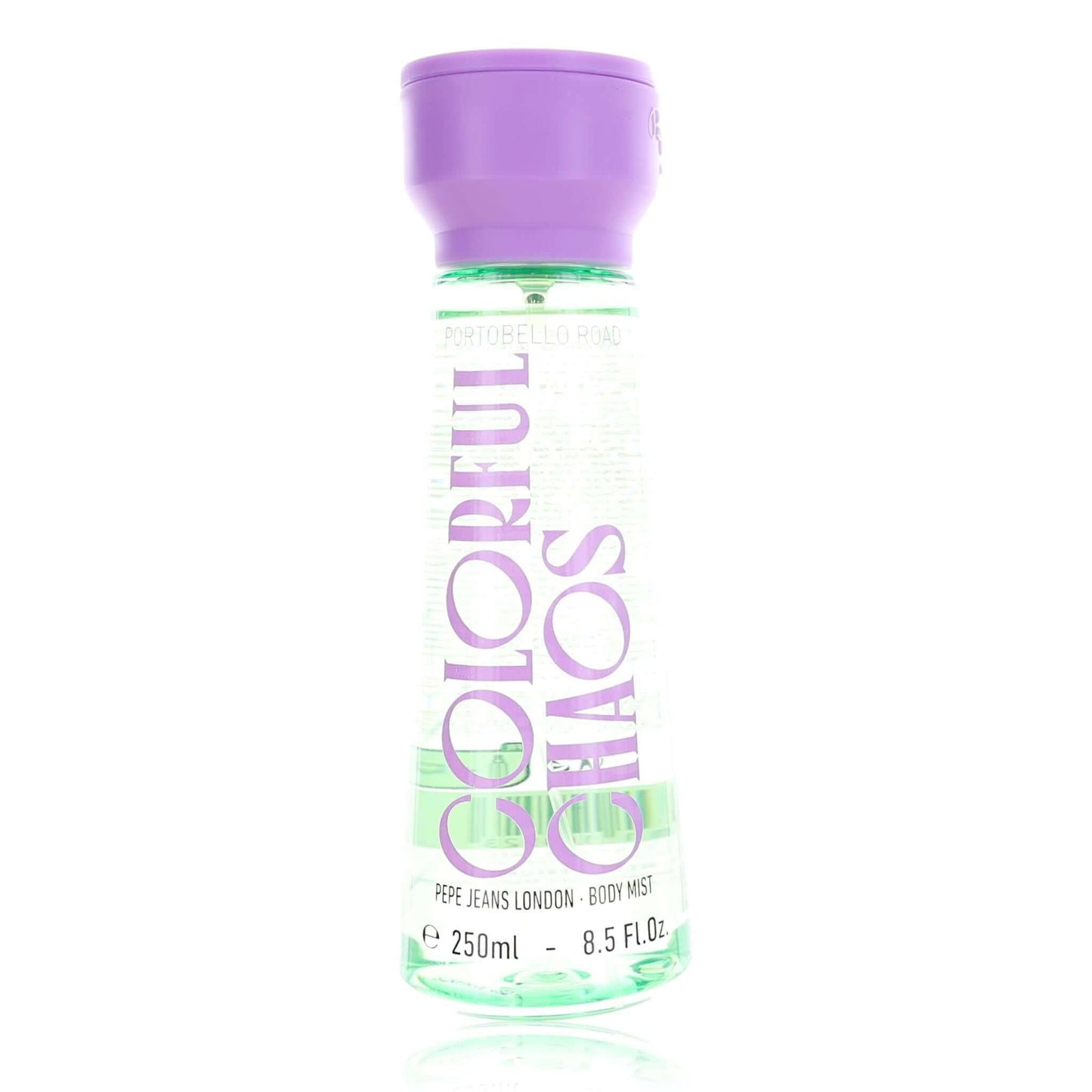 Pepe Jeans London body mist bottle with purple cap and multicolor label, 8.5 fl oz