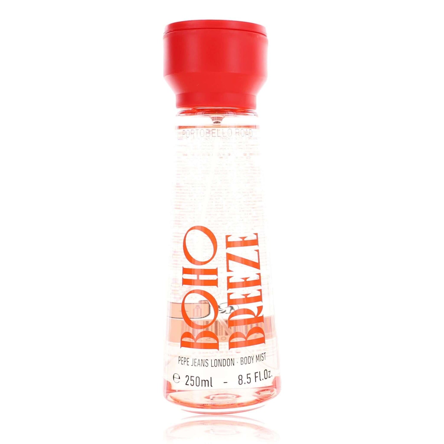 Body mist bottle with red cap and red Boho Breeze label, 8.5 fl oz
