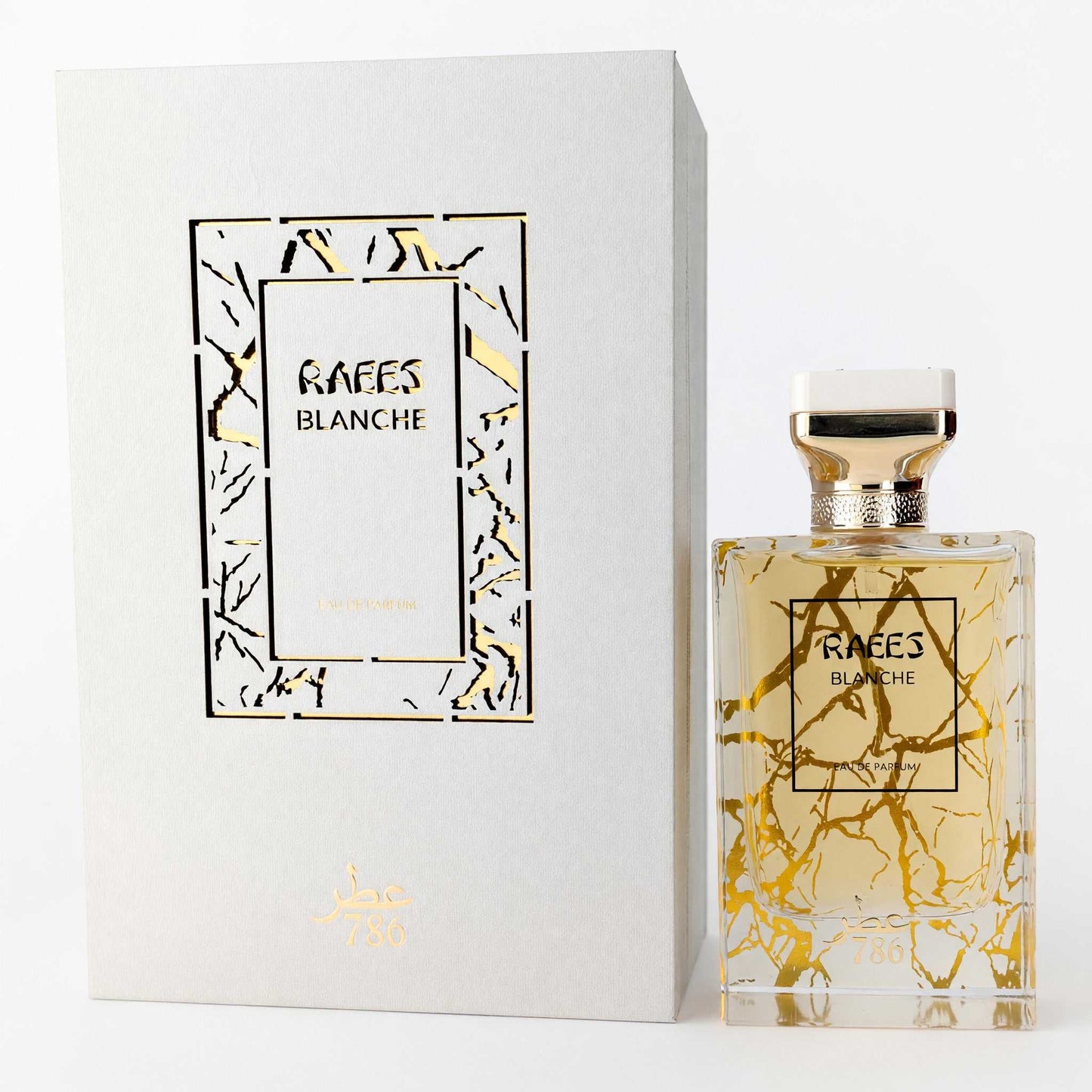 Raees Blanche men's EDP spray bottle with gold cap and amber glass, with gift box