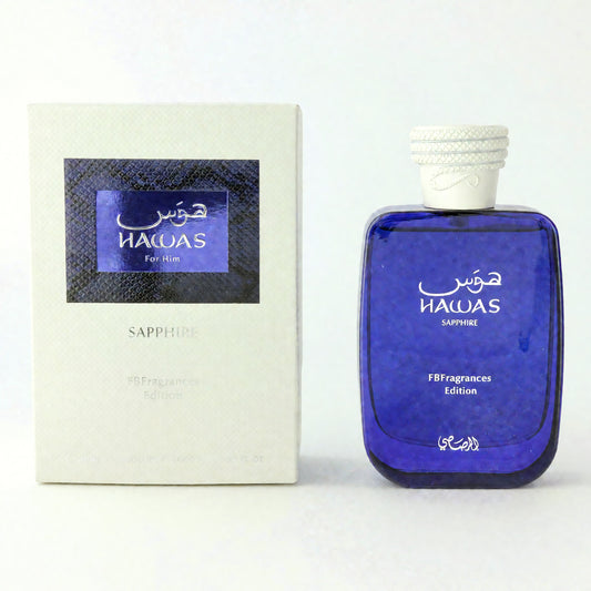Blue Hawas Sapphire EDP spray bottle with white cap, front label visible